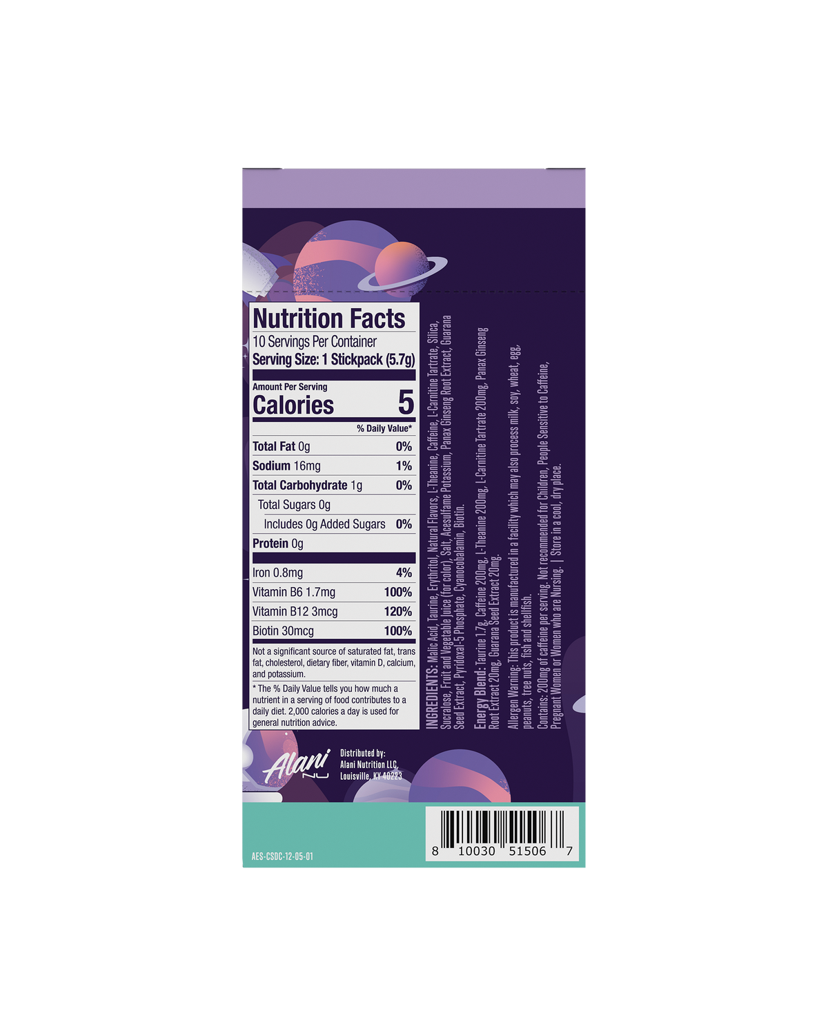 A back view of Energy Sticks in Cosmic Stardust flavor highlighting nutrtion facts.