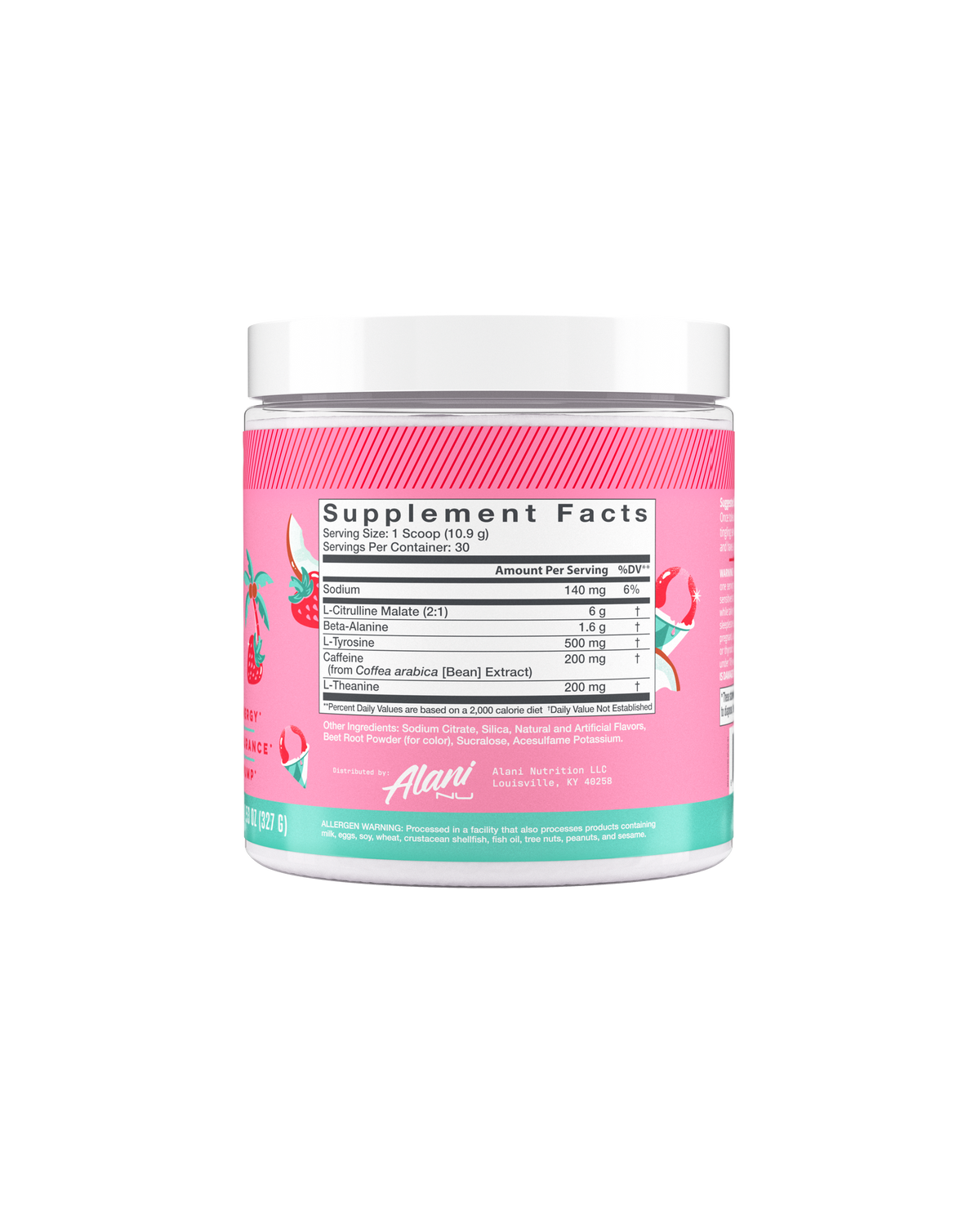 A back view of Pre-workout in Hawaiian Shaved Ice flavor highlighting supplement facts.