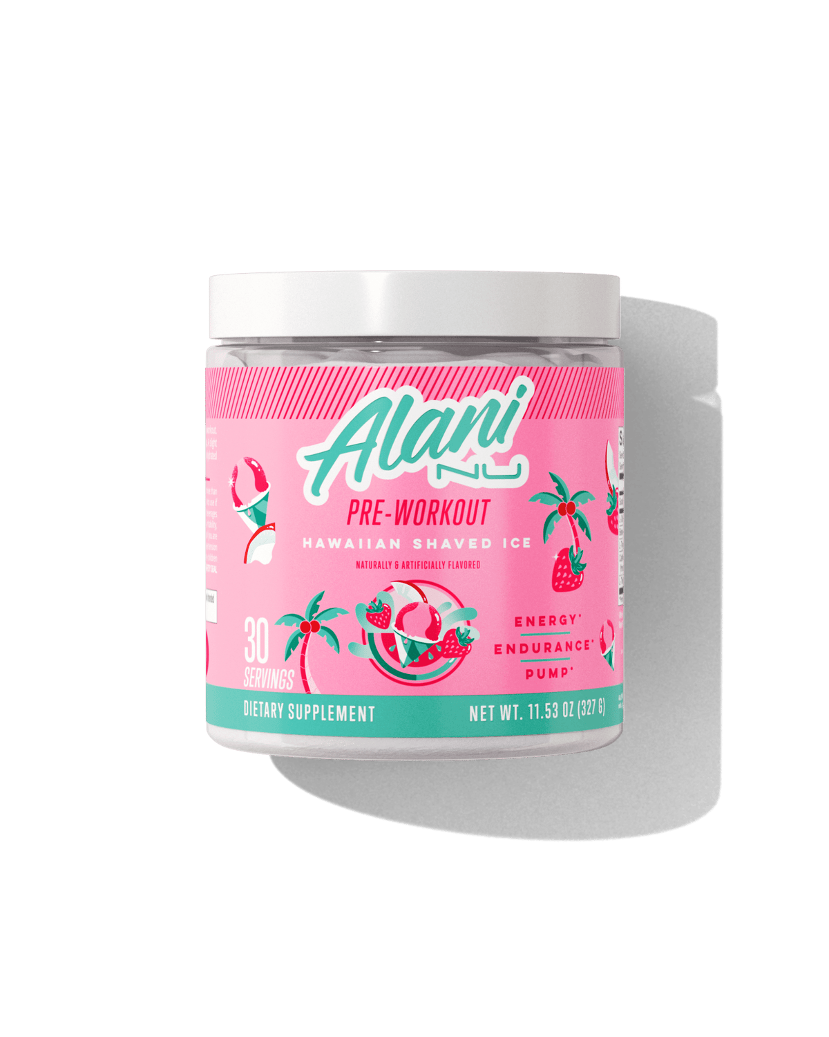 A 30 serving container of Pre-workout in Hawaiian Shaved Ice flavor.