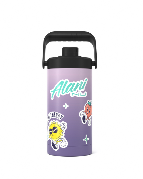 A 64oz Purple drink container with the brand name 'Alani' in aqua-green cursive. Features stickers of a yellow sun character labeled 'Bring The Energy' and a winged orange fruit character.