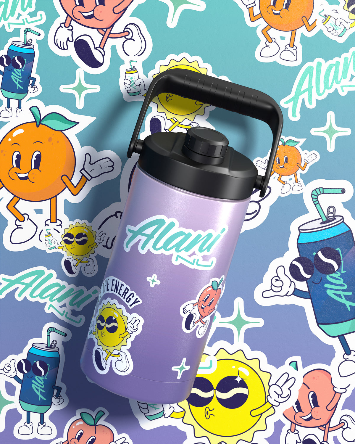 A vibrant and colorful image featuring animated characters and a beverage container labeled &quot;Alani.&quot; 