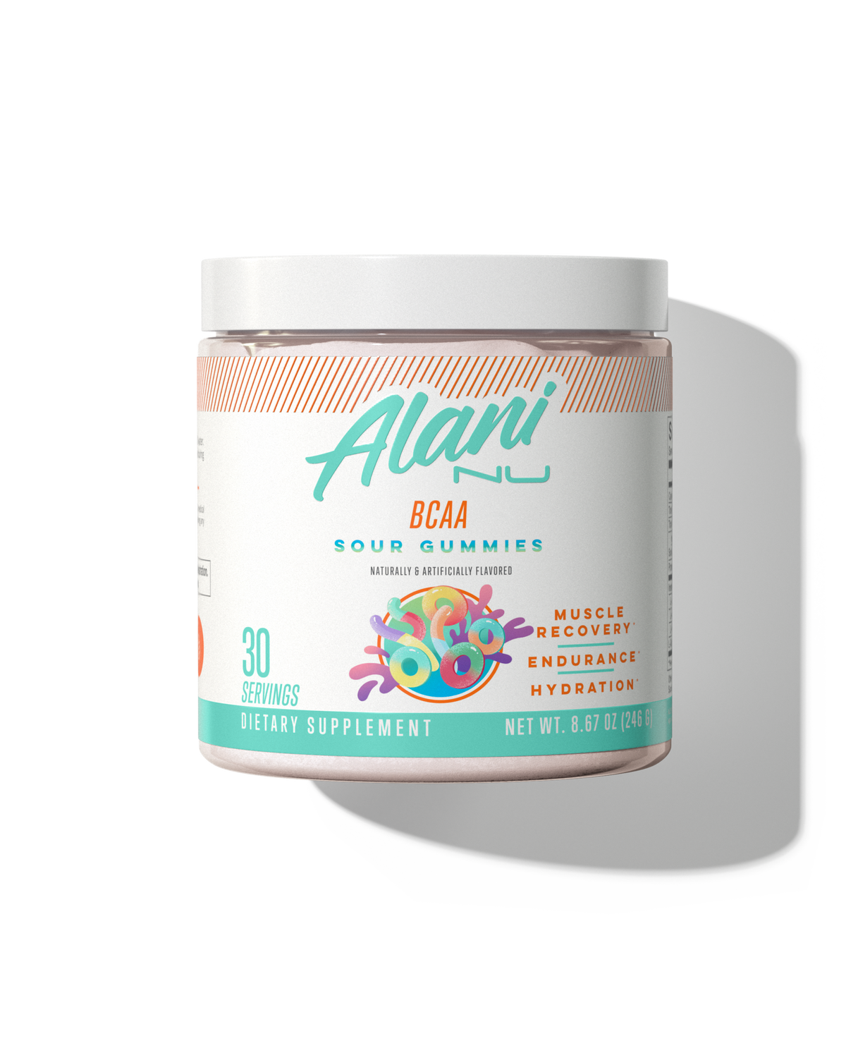 A 30 serving container of BCAA in Sour Gummies flavor.