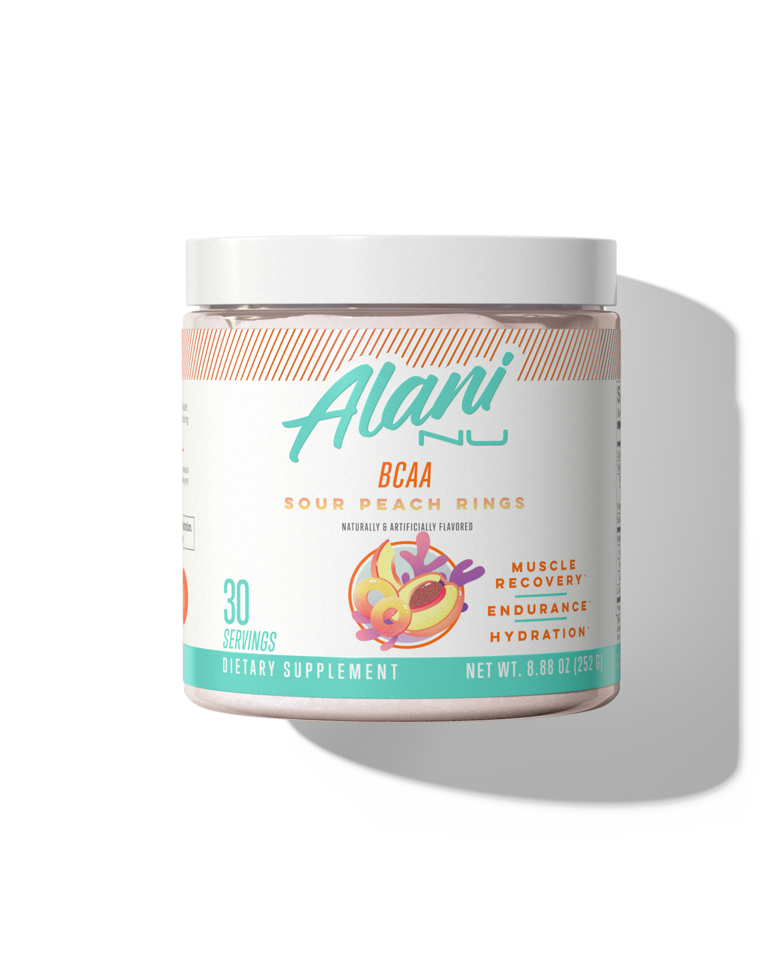 A 30 serving container of BCAA in Sour Peach Rings flavor. 