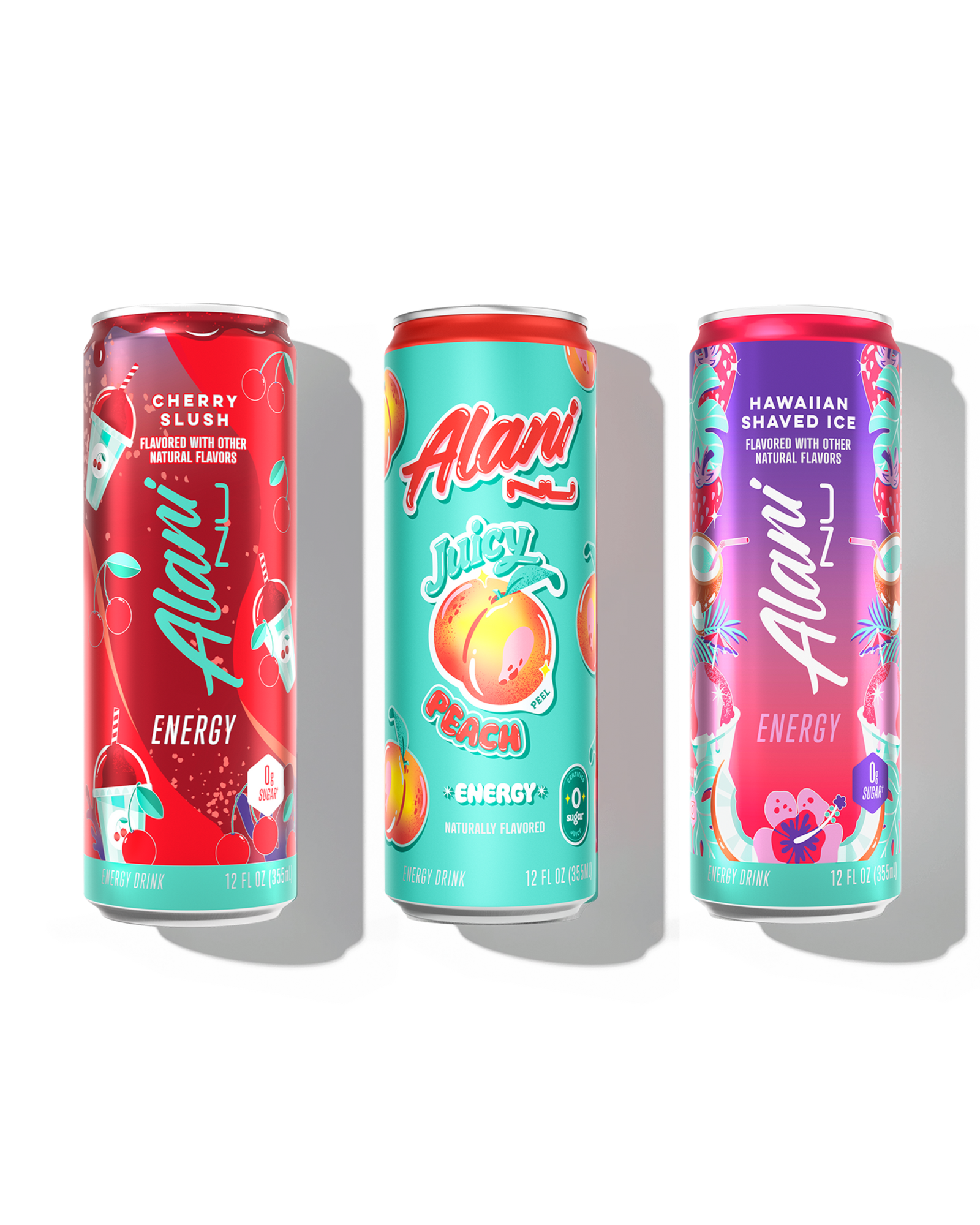 The front view of 3 sugar-free, 12oz Alani Nu Energy Drinks—Cherry Slush (flavored with other natural flavors), Juicy Peach (naturally flavored), and Hawaiian Shaved Ice (flavored with other natural flavors). 