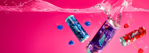 Cosmic Stardust and more best-selling Alani Nu Energy Drinks splashing into water.