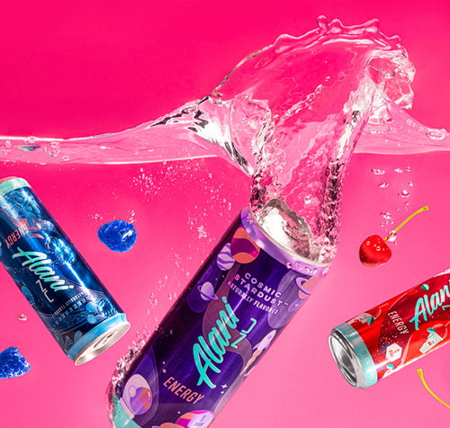 Cosmic Stardust and more best-selling Alani Nu Energy Drinks splashing into water.