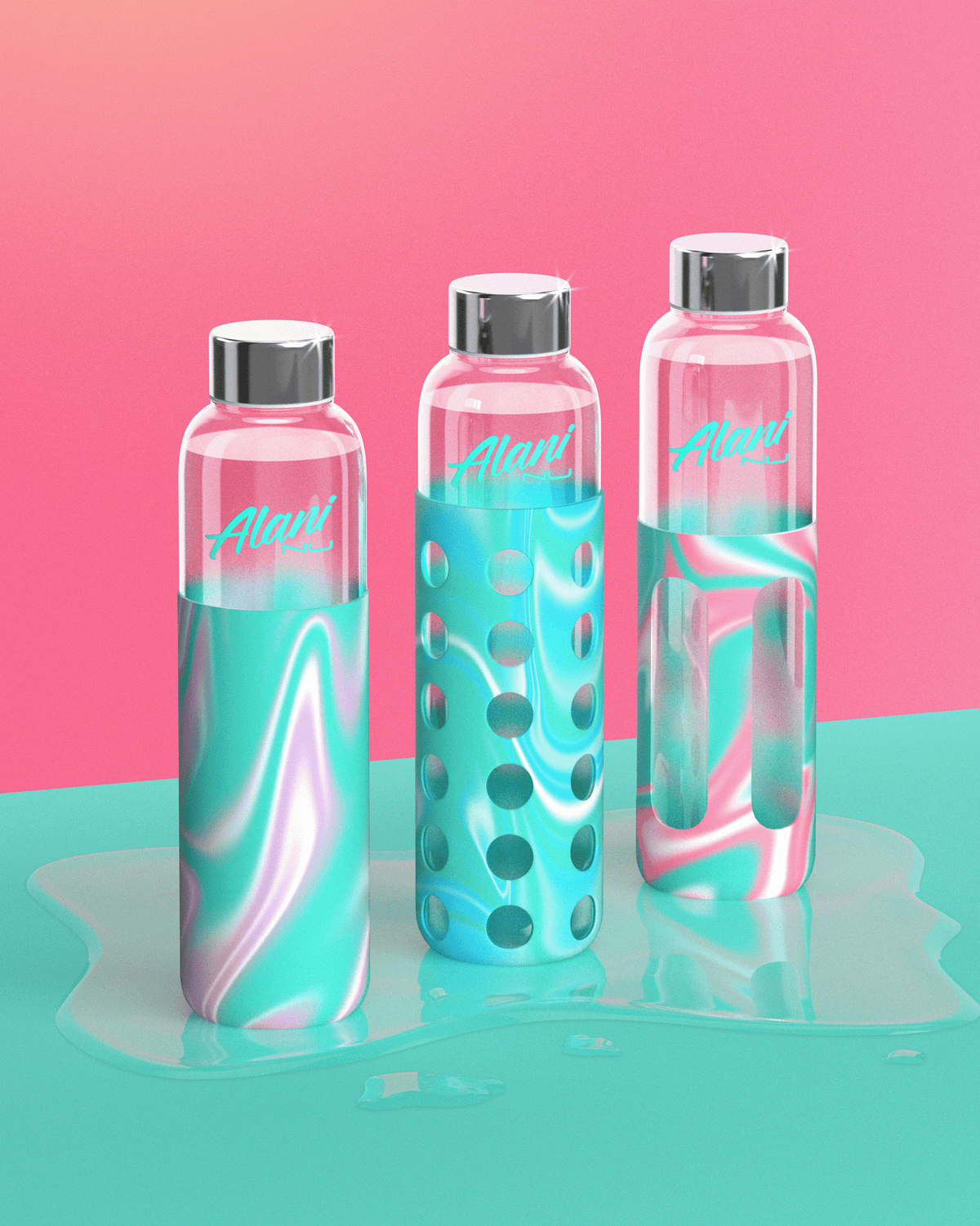 Alani nu glass water bottles in pink, purple, and blue marble colors. 