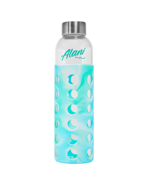 An Alani nu glass water bottle in blue marble color.