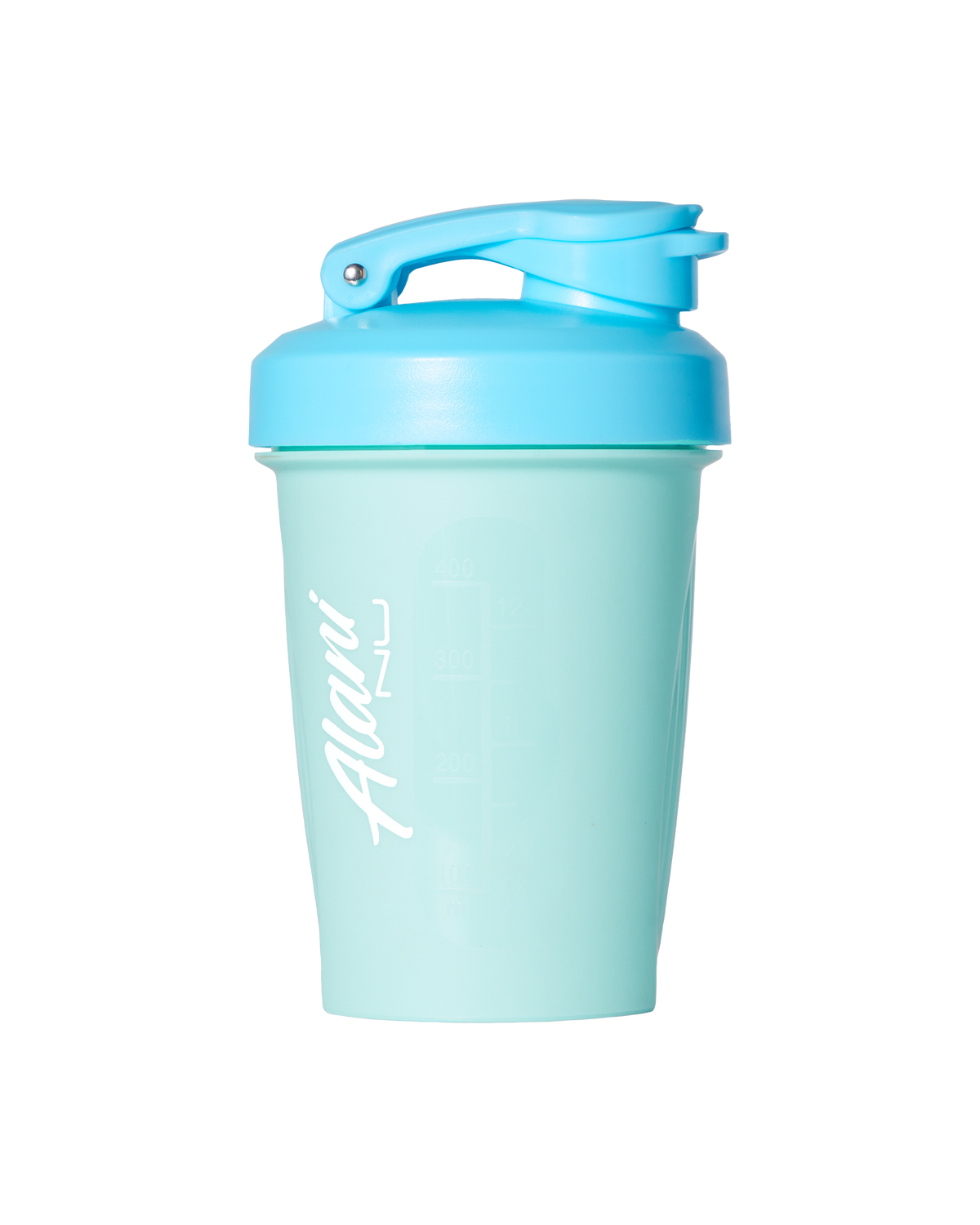 Light blue &quot;No Bad Days&quot; 12oz shaker bottle by Alani Nu, featuring a blue flip-top lid, measurement markings on the side, and is both dishwasher safe and BPA-free.