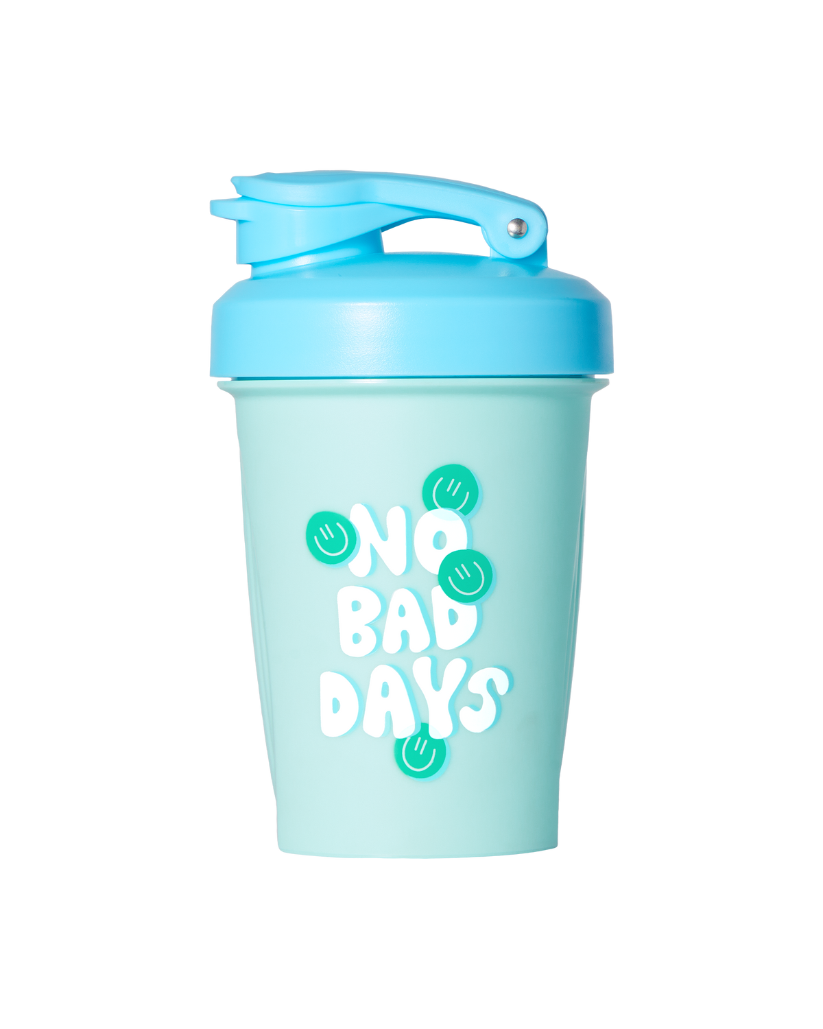 The Alani Nu 12oz Shaker - No Bad Days is a light blue shaker bottle featuring a blue lid and a flip-top cap. The front of the bottle displays the phrase "NO BAD DAYS" in white, along with green circular designs. It is BPA-free and dishwasher safe for effortless cleaning.