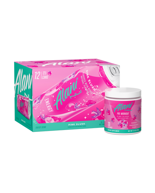 The front view of an Alani Nu Pink Slush Energy Drink can and Pre-Workout tub.  