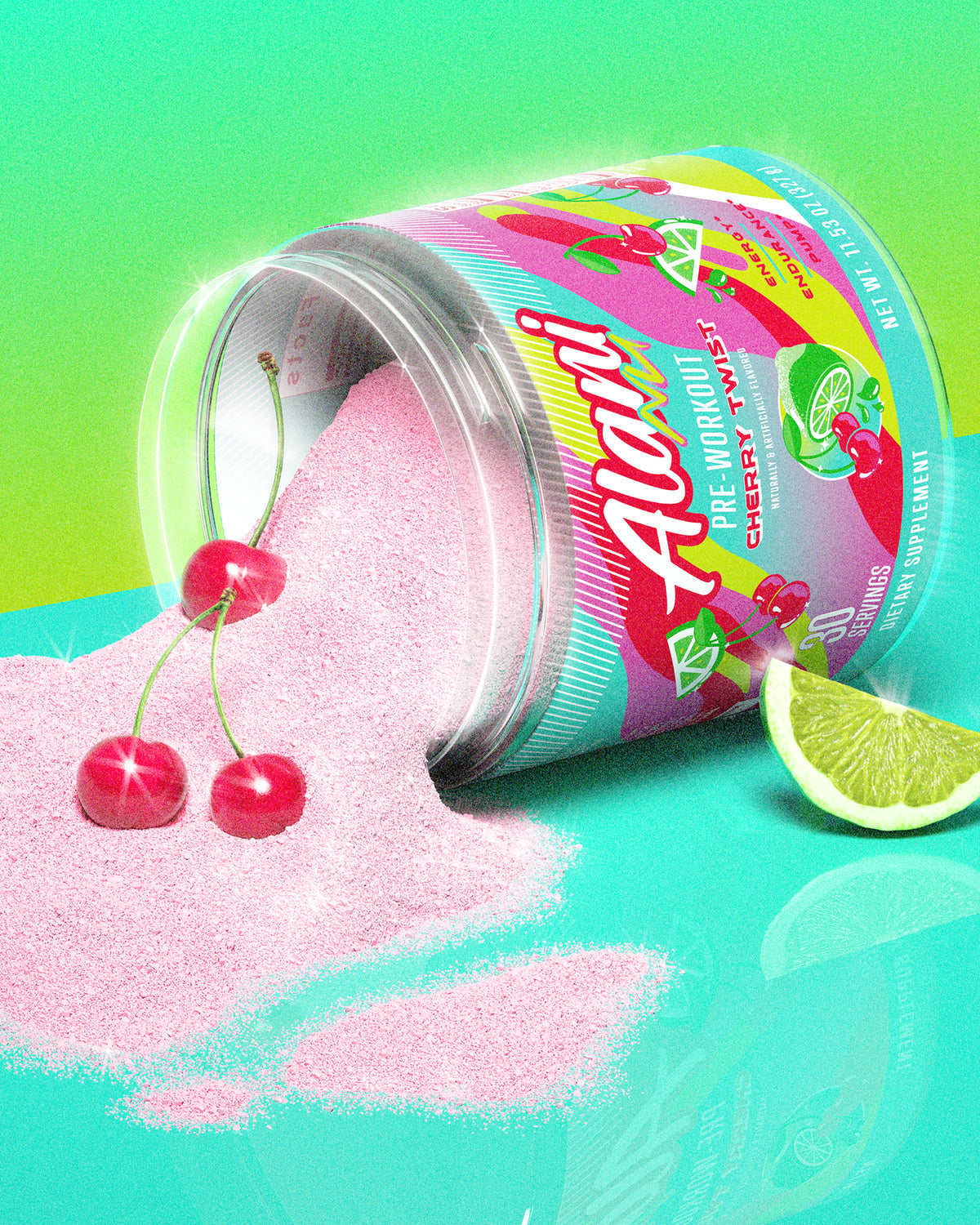 An overturned container of Alani Nu Cherry Twist pre-workout powder spills onto a teal surface, accompanied by fresh cherries and a slice of lime, 
