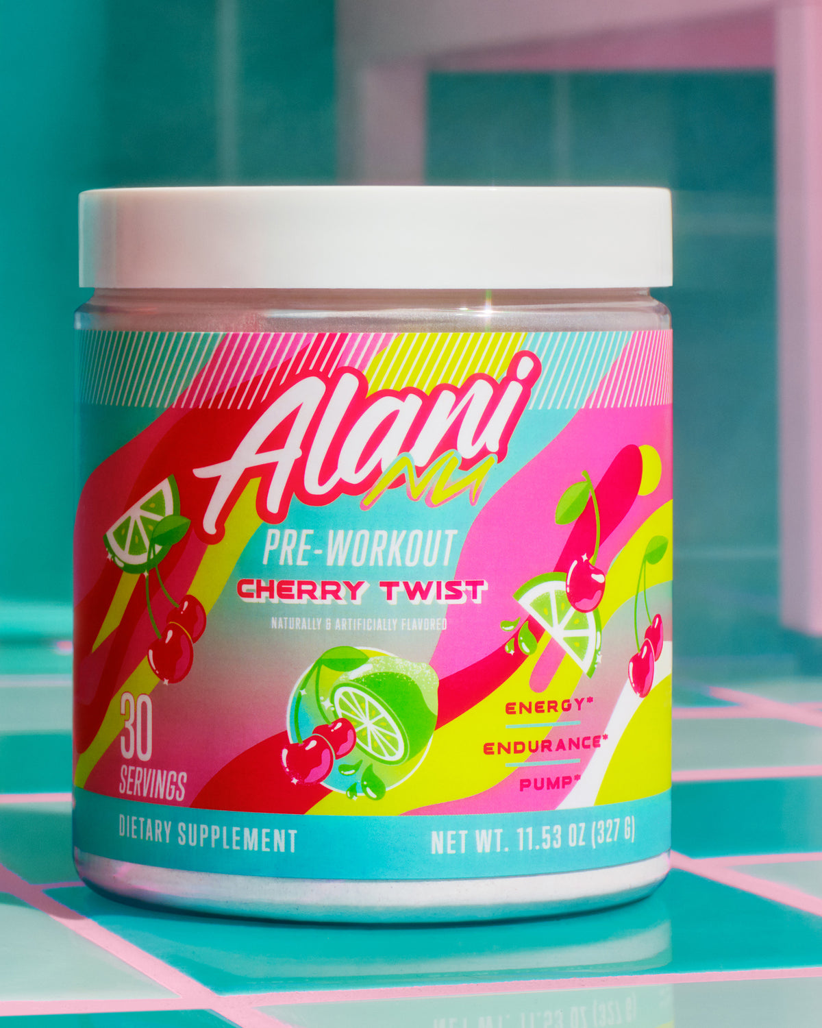  Alani Nu Pre-Workout in Cherry Twist flavor sits on a checkered teal and white surface.