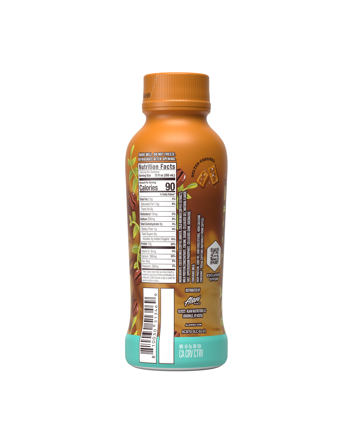 A back view of Coffee in Salted Caramel flavor highlighting nutrition facts.