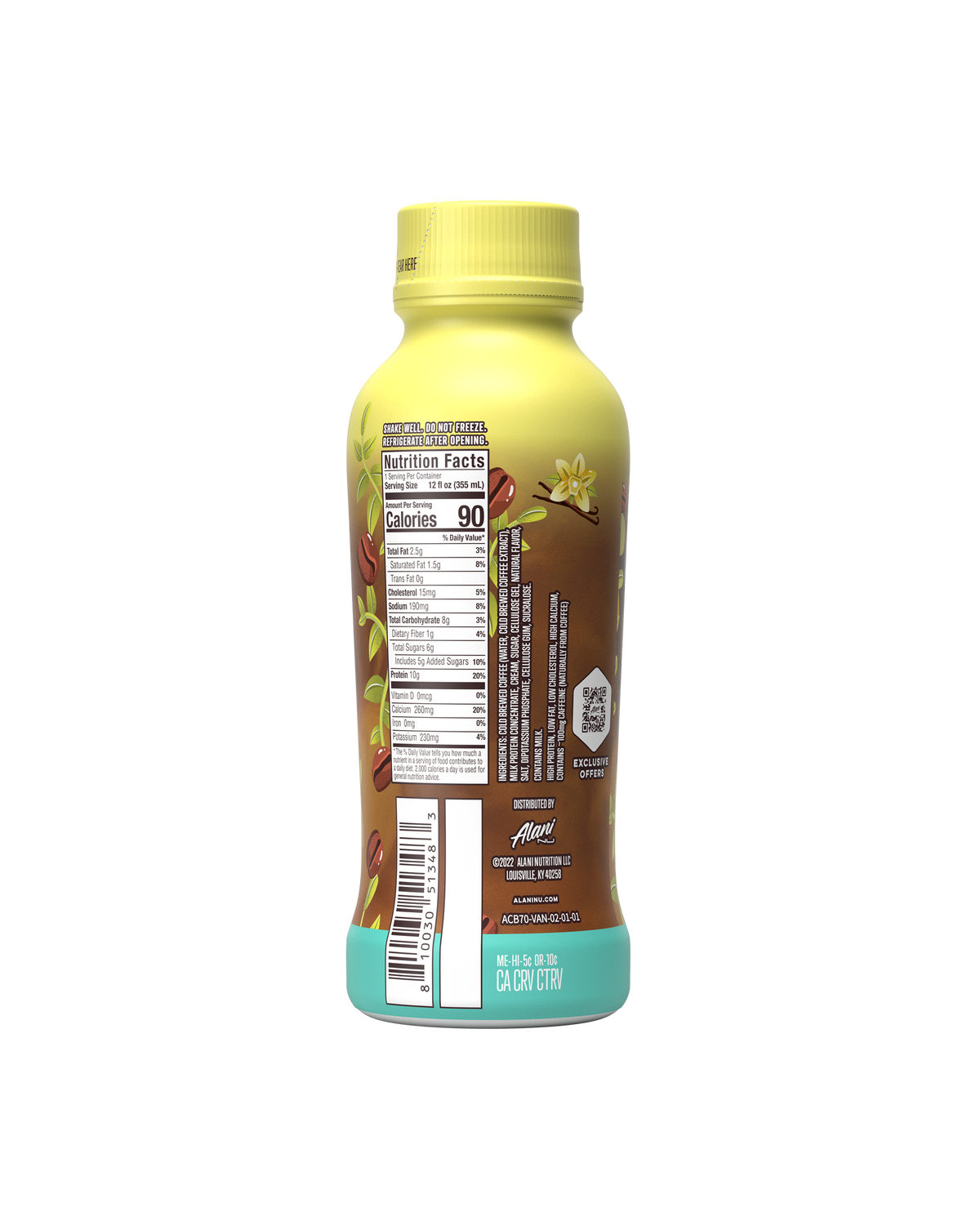 A back view coffee in Vanilla flavor highlighting nutrition facts.