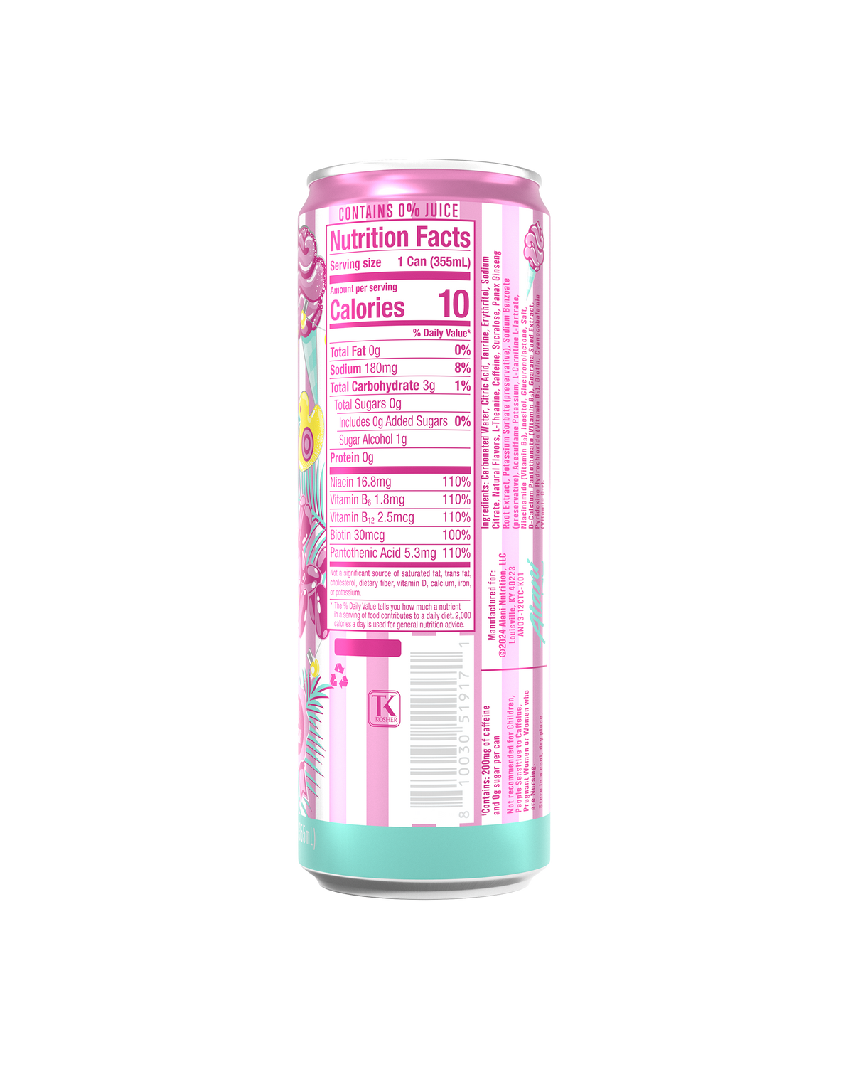 The back view of a 10-calorie Cotton Candy Energy Drink, highlighting nutrition facts and ingredients.

