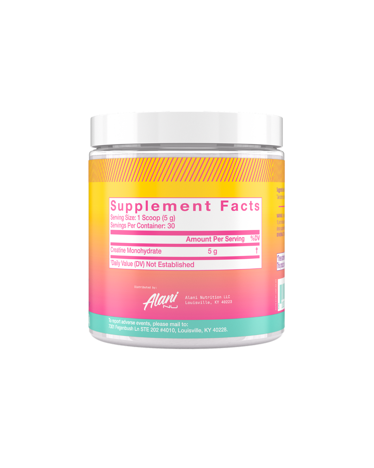 A back view of Creatine in unflavored showcasing supplement facts. 