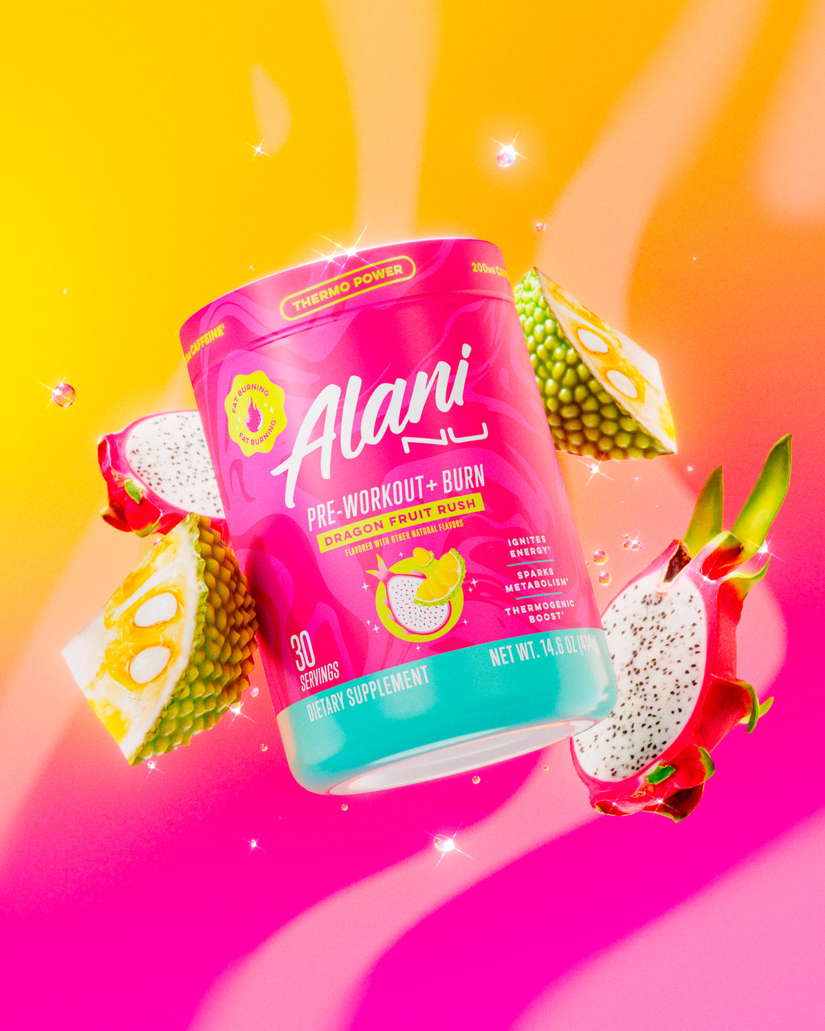 A tub of Alani Nu Dragon Fruit Rush Pre-Workout+ Burn floating midair with slices of jackfruit and dragon fruit.
