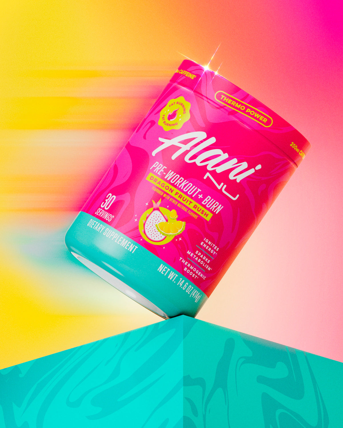 Alani Nu&#39;s thermo-powered Dragon Fruit Rush Pre-Workout+ Burn supplement on a seafoam shelf in front of a vivid background.
