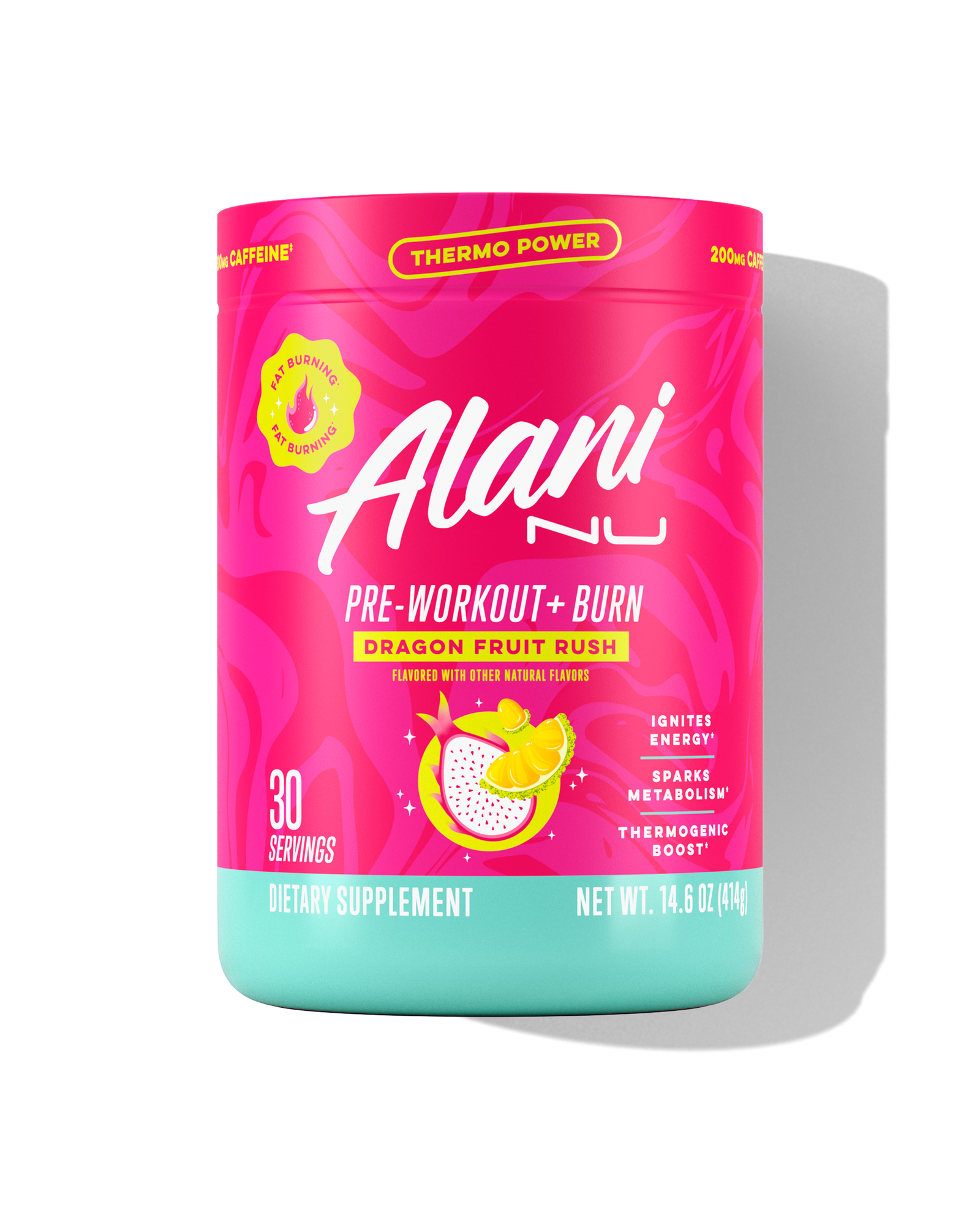 The front view of a 30-serve tub of Alani Nu Dragon Fruit Rush Pre-Workout+ Burn, flavored with other natural flavors and made to help burn fat, boost energy, and spark metabolism.*
