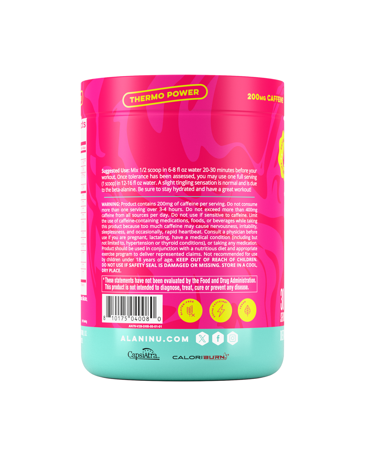 The side view of a Dragon Fruit Rush Pre-Workout+ Burn tub, gluten-free, vegan, and formulated with 200mg of caffeine per serving, CapsiAtra™, and CaloriBurn®. Suggested-use directions and warning shown.
