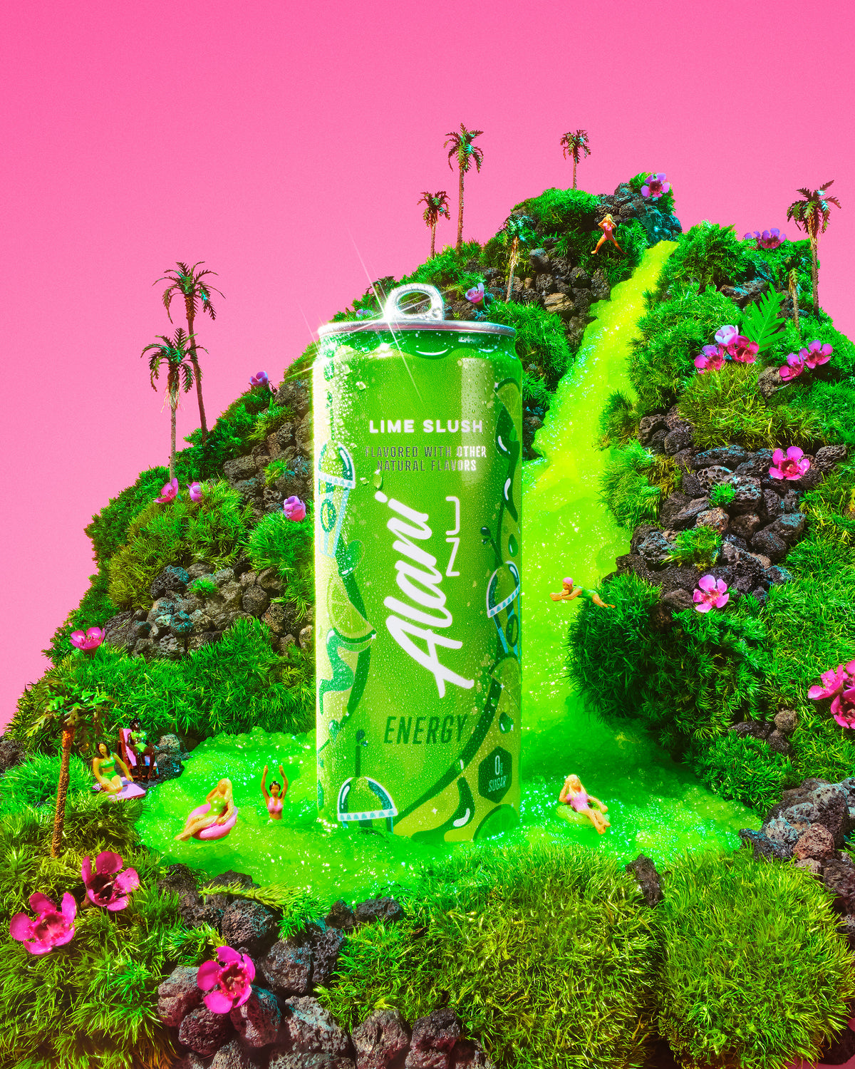 Lime Slush Alani Energy displayed in a diorama: a waterfall of slush flows down a tropical mountainside as figurines dive, swim, and tan.
