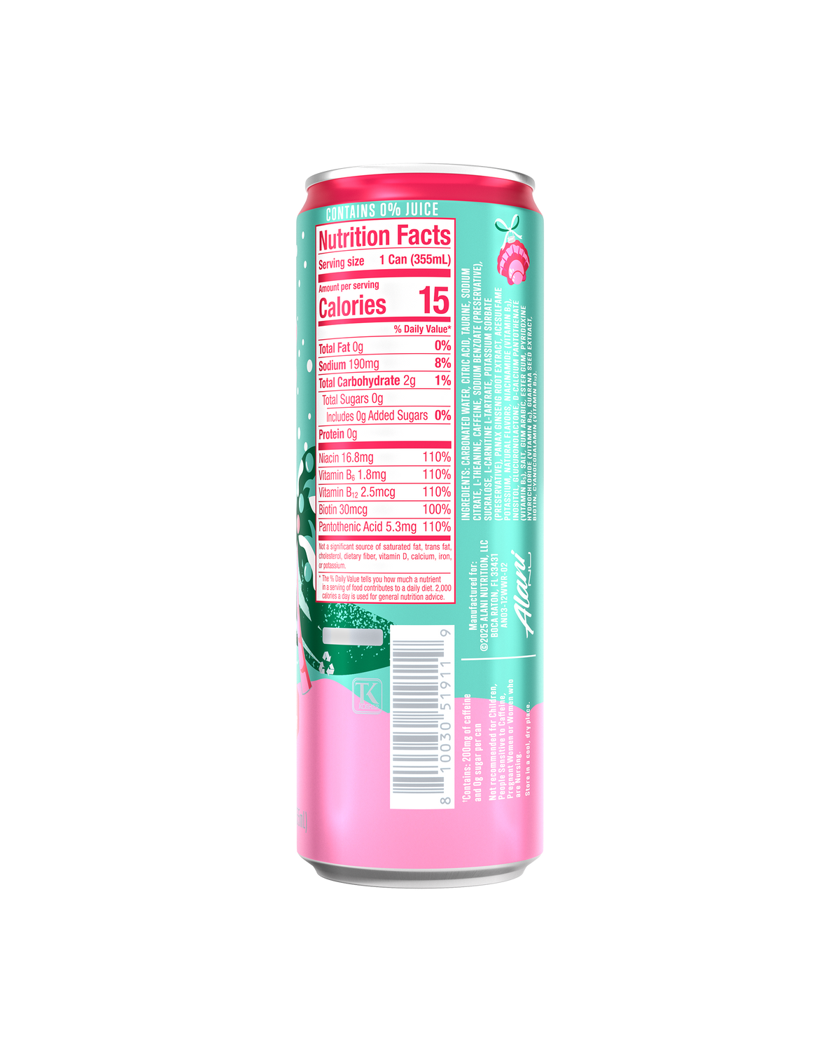 The back view of a 15-calorie Winter Wonderland Energy Drink, highlighting nutrition facts and ingredients.