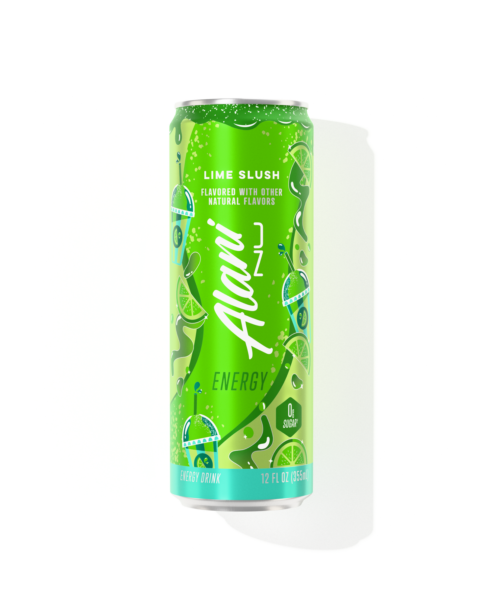 The front view of a sugar-free 12oz can of Lime Slush Alani Nu Energy, flavored with other natural flavors.
