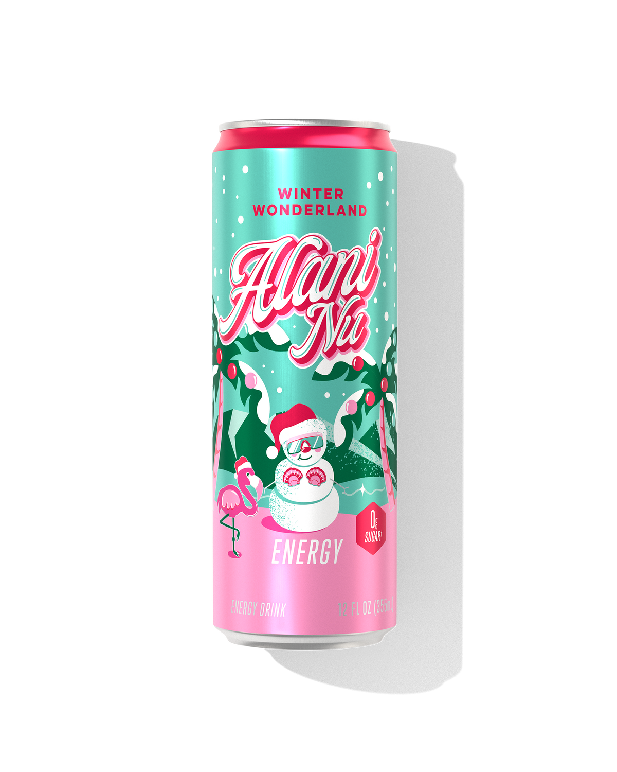 The front view of a sugar-free 12oz can of Winter Wonderland Alani Nu Energy, flavored with other natural flavors.