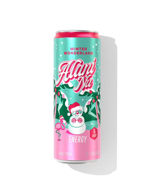 The front view of a sugar-free 12oz can of Winter Wonderland Alani Nu Energy, flavored with other natural flavors.