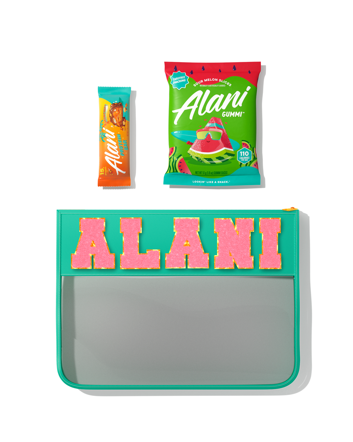 A front view of Alani Nu products, including a pack of Sour Melon Slice Gummies and a Munchies-flavored Protein Bar.