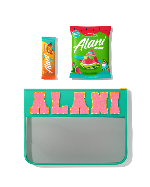 A front view of Alani Nu products, including a pack of Sour Melon Slice Gummies and a Munchies-flavored Protein Bar.