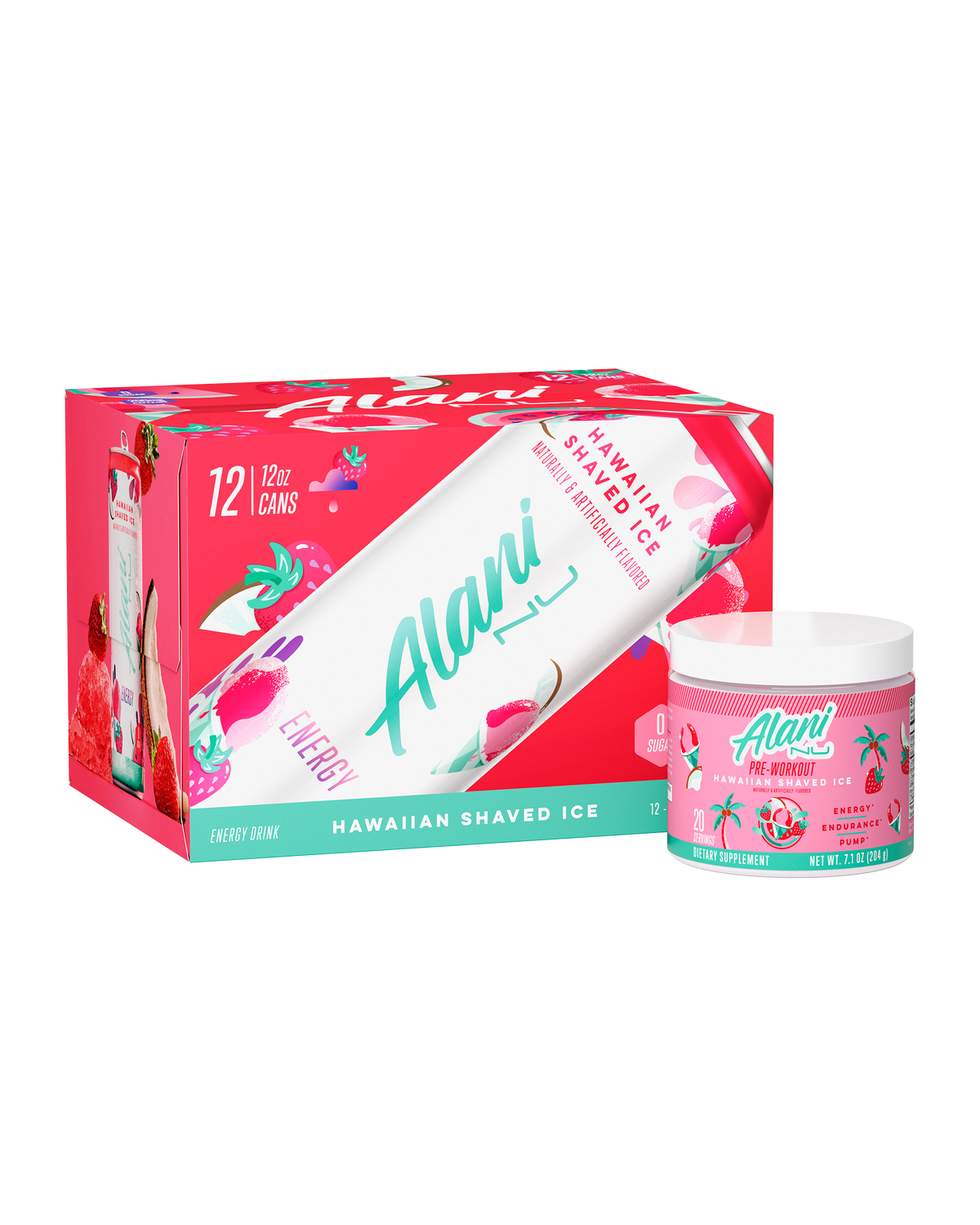 A 12 pack of Alani Nu's Hawaiian Shaved Ice-flavored energy drinks and a container of Alani pre-workout supplement in Hawaiian Shaved Ice flavor, both featuring vibrant, citrus-themed graphics.