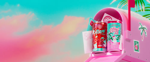 Alani Nu’s half-caff Cherry Slush and Winter Wonderland Mini Energy Drinks in a pink, snow-capped mailbox alongside colorful holiday letters. Both pick-me-ups are featured in the limited-edition Mini Merry Mix Variety 12-Pack. 