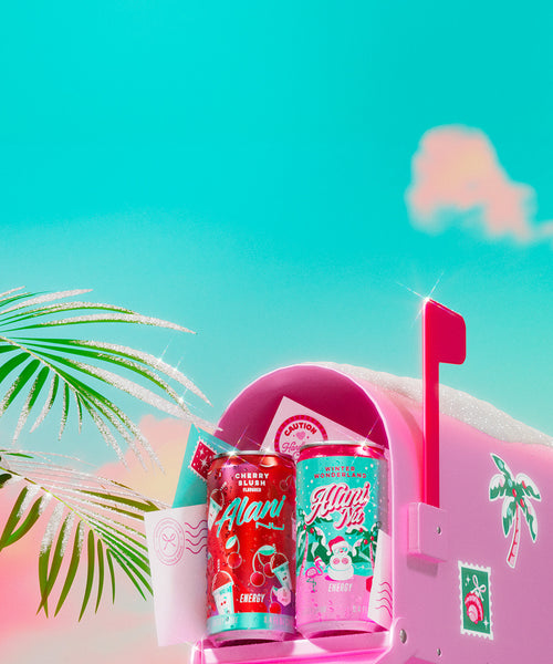 Alani Nu’s half-caff Cherry Slush and Winter Wonderland Mini Energy Drinks in a pink, snow-capped mailbox alongside colorful holiday letters. Both pick-me-ups are featured in the limited-edition Mini Merry Mix Variety 12-Pack. 