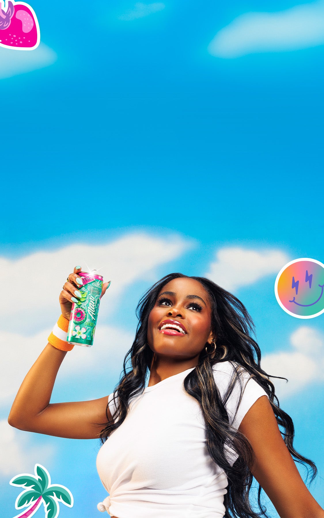 A woman holding a Watermelon Wave Alani Nu Energy drink against a blue sky.