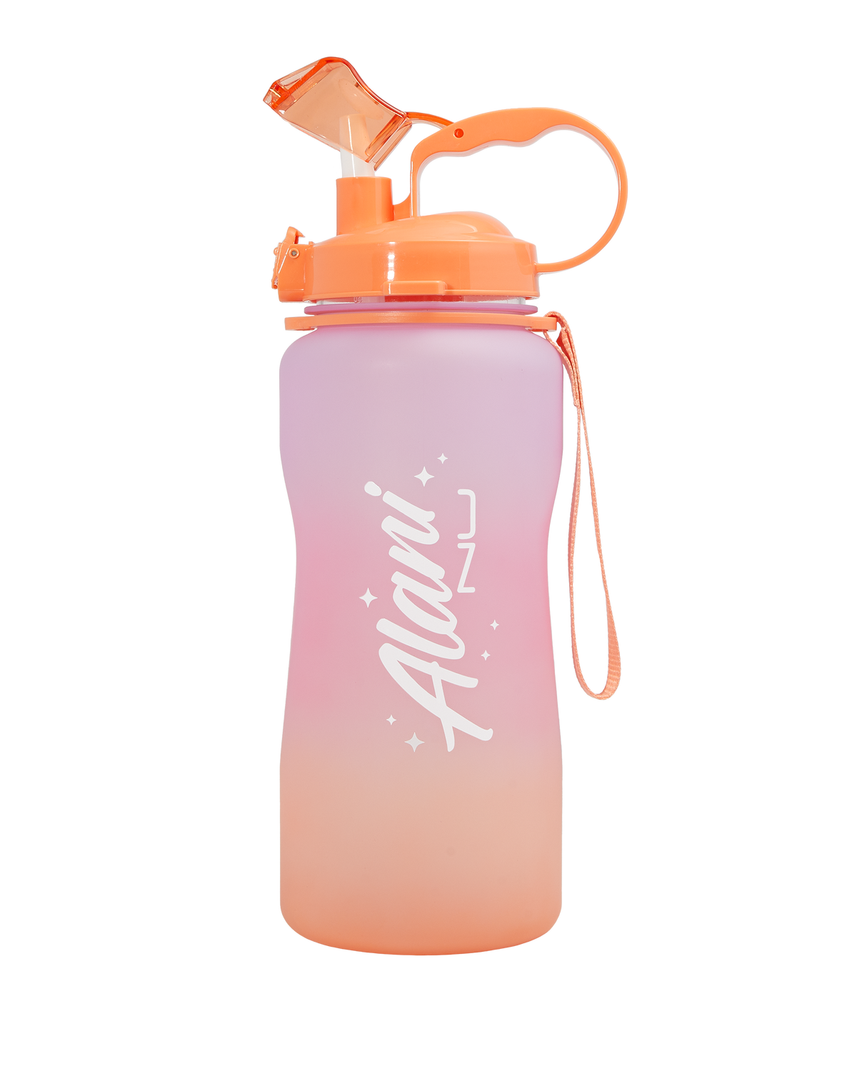 A Hydration Jug Sun in Soaked with an open lid, showcasing an Alani Nu logo in the front.