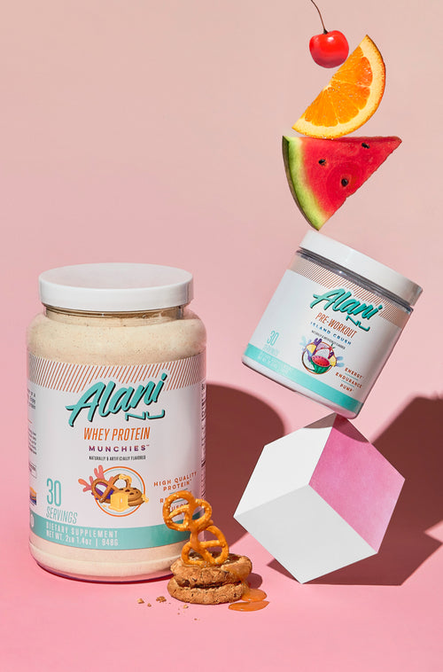 Whey Protein - Munchies & Pre-workout with a variety of fruit and Pretzel with cookies. 