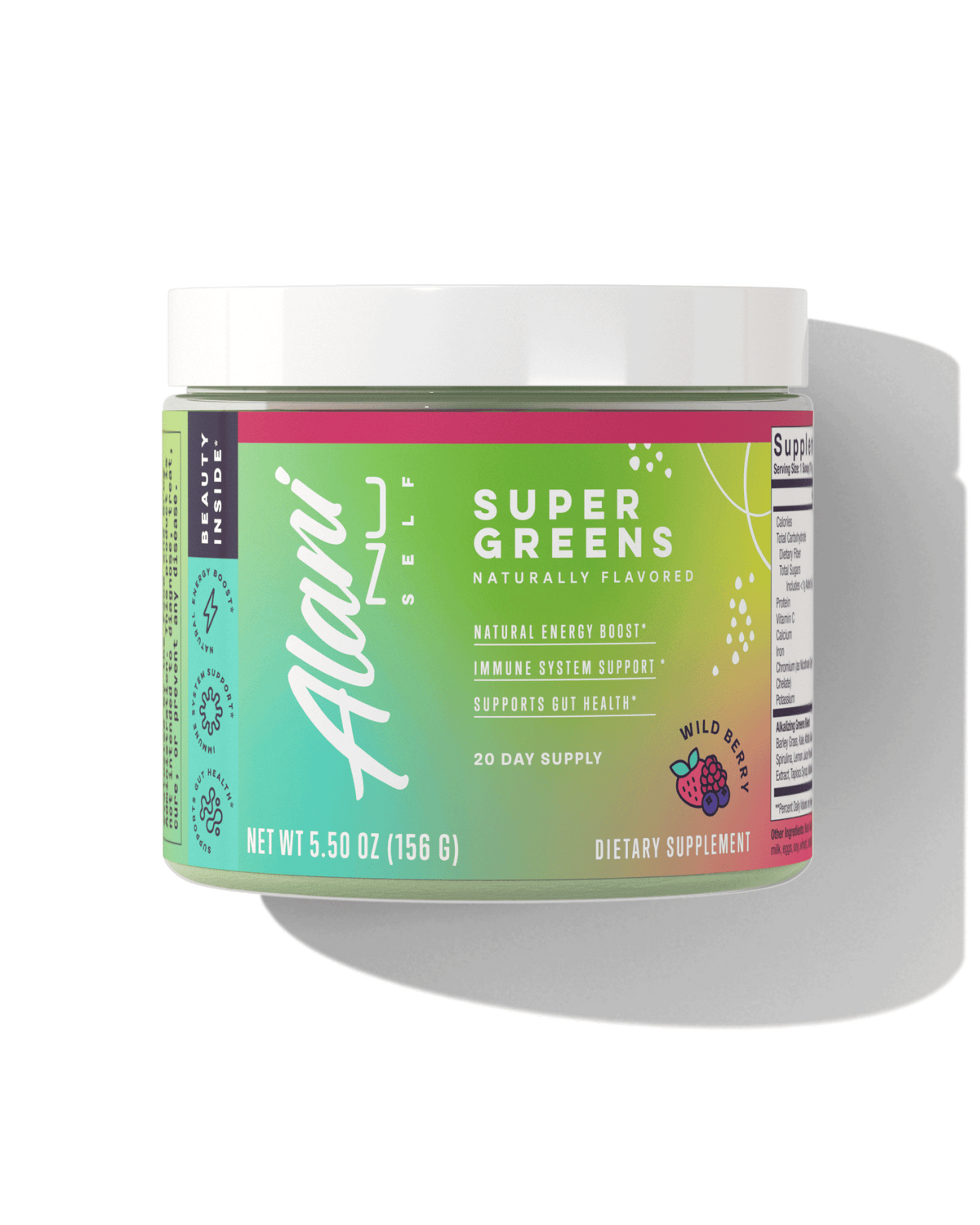 Alani Nu Super Greens - Wild Berry, 5.50 oz (156g), provides a 20-day supply and supports gut health with added probiotics.