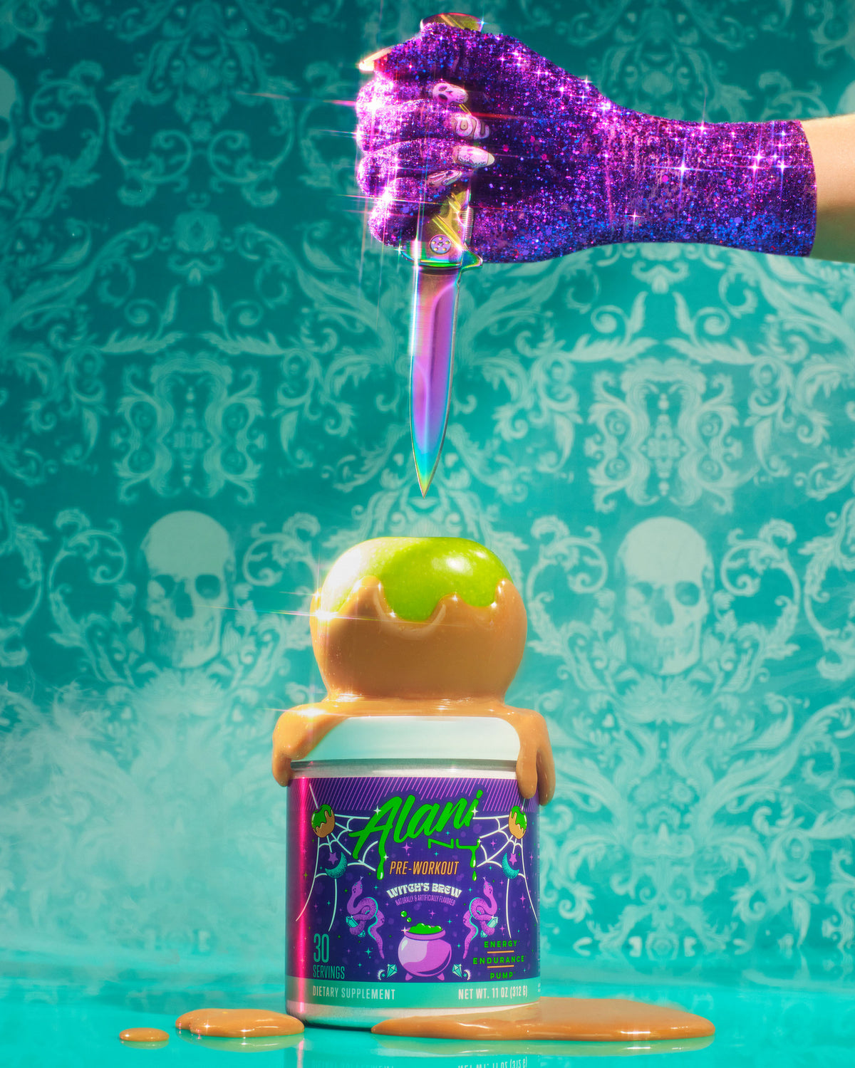 Witch&#39;s Brew - Pre-Workout displayed alongside a caramel apple, while a women is holding a knife.
