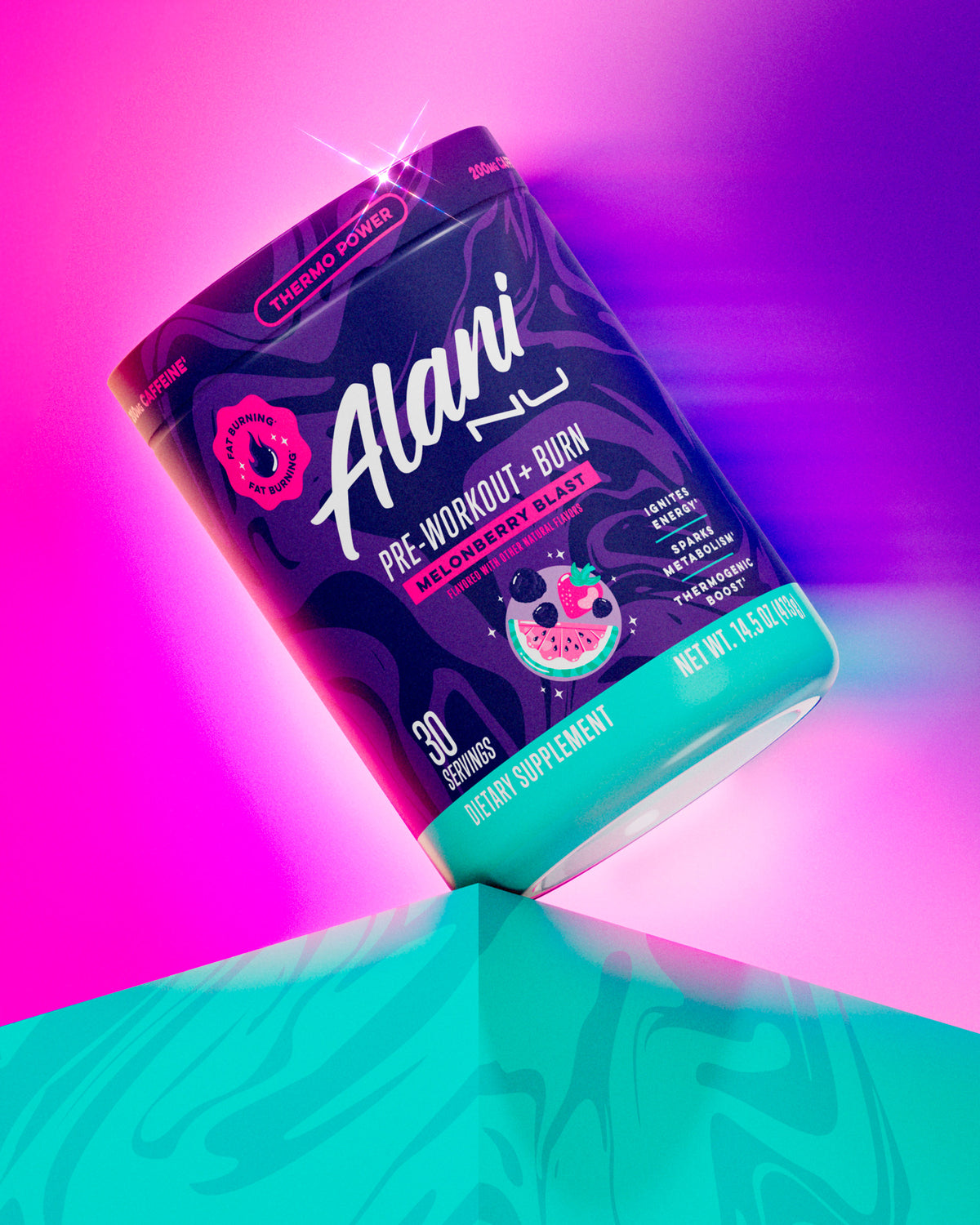 Alani Nu&#39;s thermo-powered Melonberry Blast Pre-Workout+ Burn supplement on a seafoam shelf in front of a vivid background.
