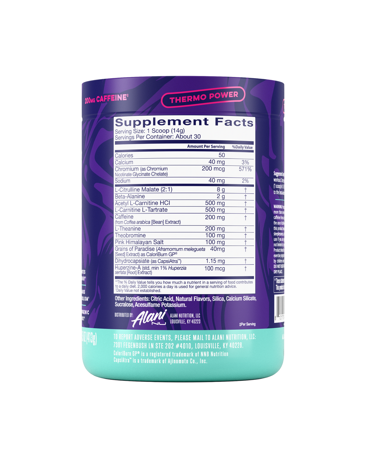The back view of a 50-calorie, thermo-powered Melonberry Blast Alani Nu Pre-Workout+ Burn tub, highlighting supplement facts and ingredients.*
