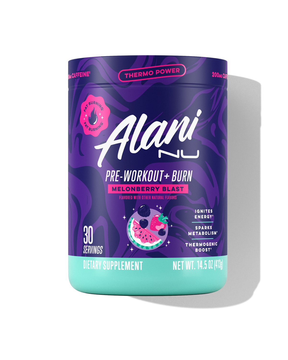 The front view of a 30-serve tub of Alani Nu Melonberry Blast Pre-Workout+ Burn, flavored with other natural flavors and made to help burn fat, boost energy, and spark metabolism.*
