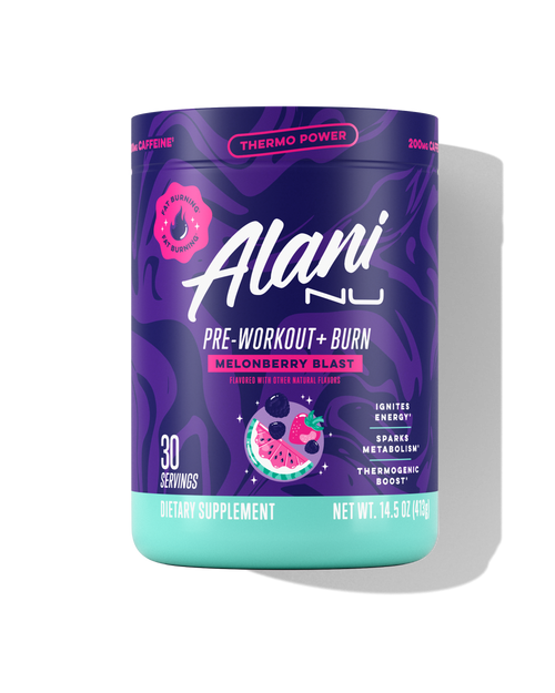 The front view of a 30-serve tub of Alani Nu Melonberry Blast Pre-Workout+ Burn, flavored with other natural flavors and made to help burn fat, boost energy, and spark metabolism.*
