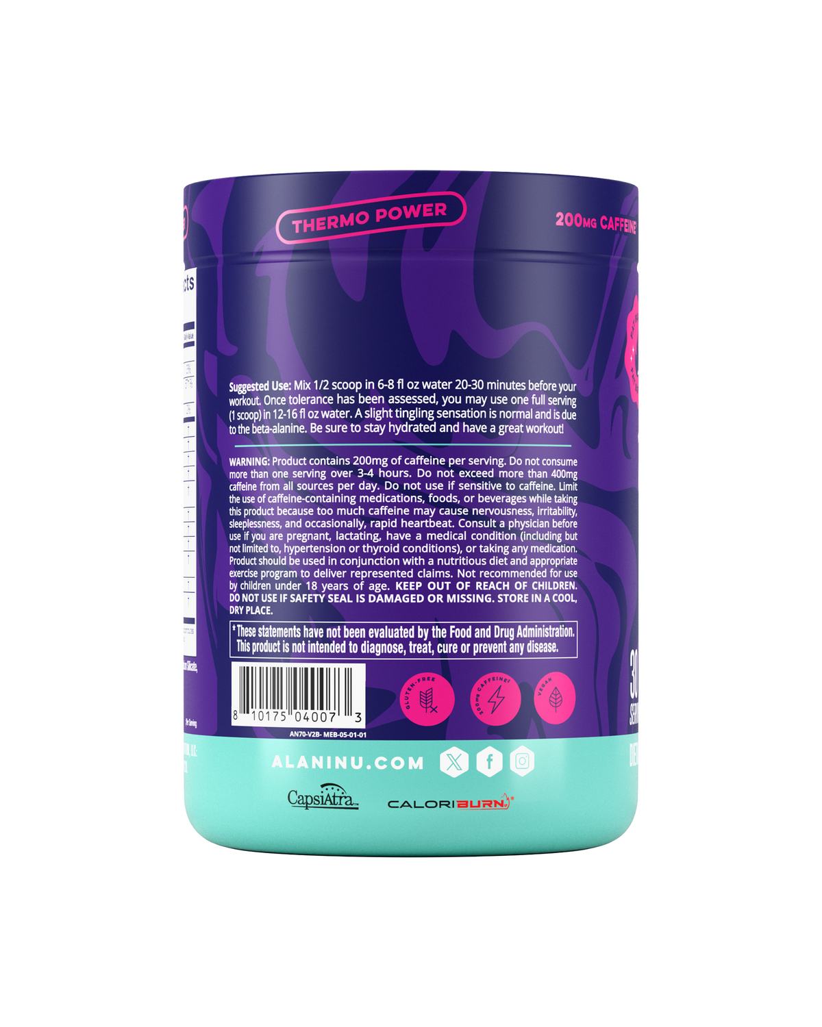 The side view of a Melonberry Blast Alani Nu Pre-Workout+ Burn tub, gluten-free, vegan, and formulated with 200mg of caffeine per serving, CapsiAtra™, and CaloriBurn®. Suggested-use directions and warning shown.
