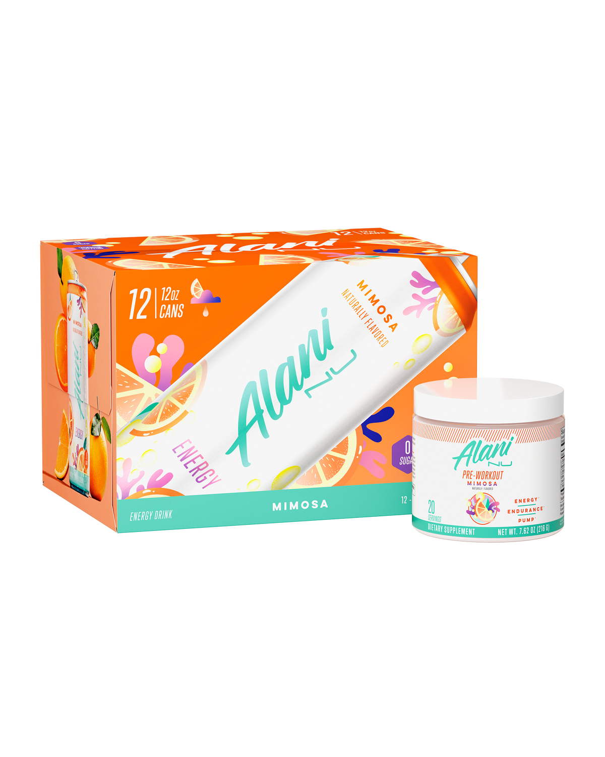 A 12 pack of Alani Nu's Mimosa-flavored energy drinks and a container of Alani pre-workout supplement in Mimosa flavor, both featuring vibrant, citrus-themed graphics.