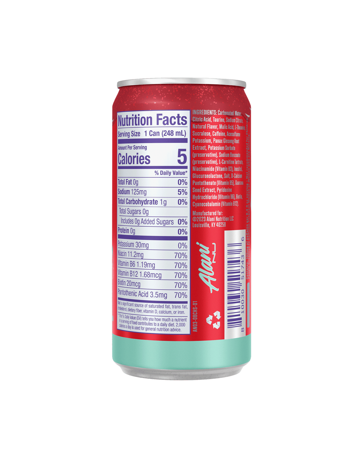 A back view of Mini Energy in Cherry Slush flavor highlighting nutrition facts details. 