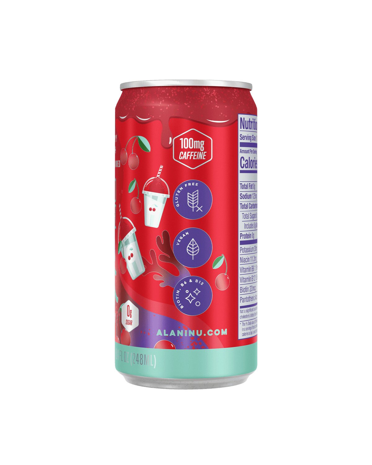 A side view of Mini Energy in Cherry Slush flavor showcasing caffeine details, gluten free, vegan and biotin details. 