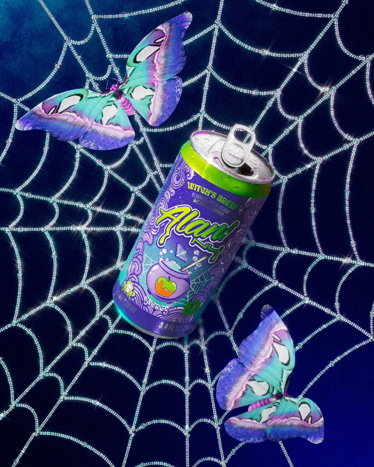 A caramel apple and Alani Nu&#39;s seasonal, zero-sugar Witch&#39;s Brew Energy Drinks, both 12oz and 8.4oz, on a silver platter. 
