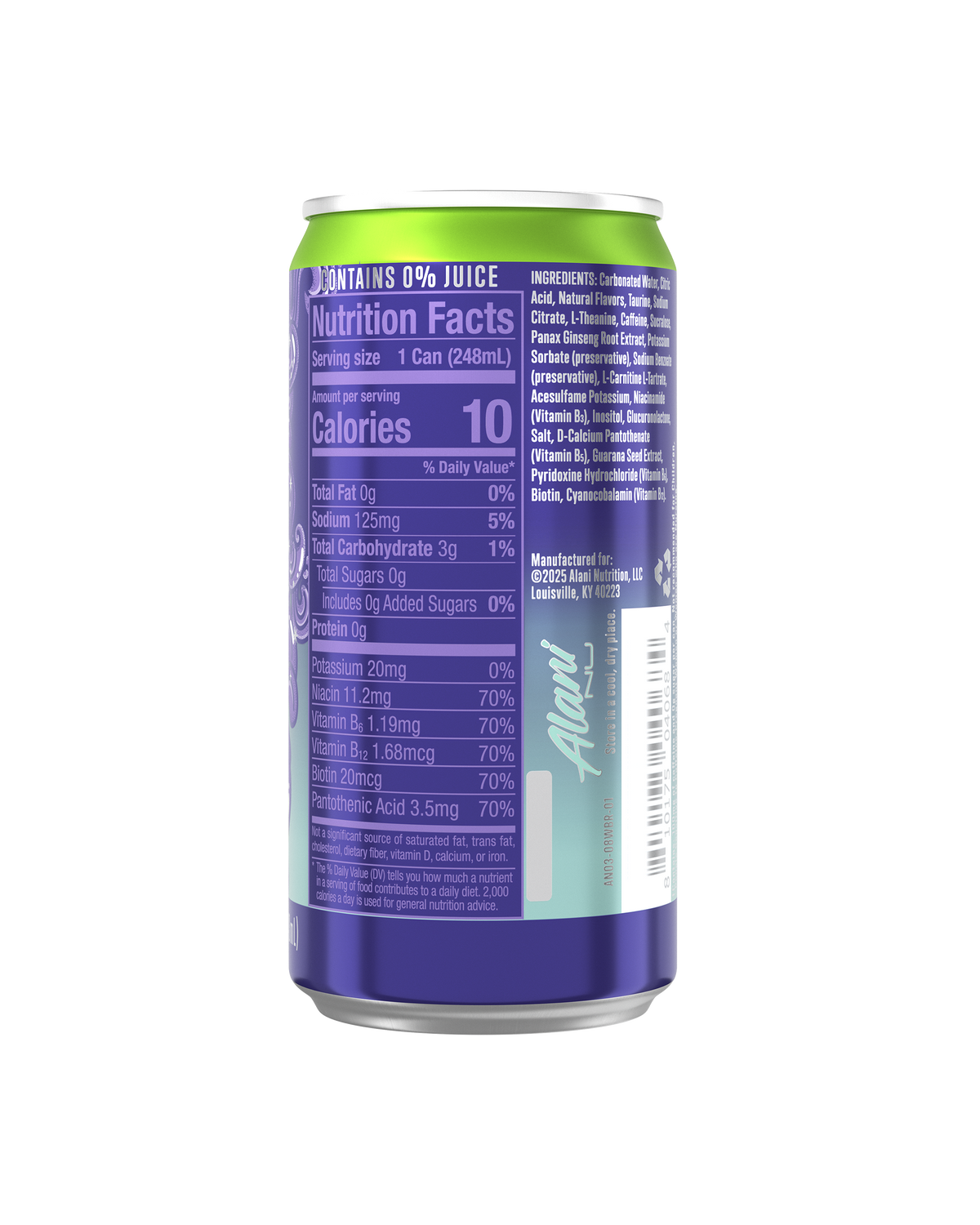 The back view of a 10-calorie Witch&#39;s Brew Mini Energy Drink, highlighting nutrition facts and ingredients.